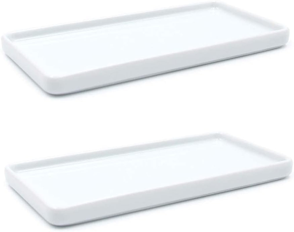 Ceramic Vanity Tray, Rectangle Bathroom White Tray, Marble Tray, Organizer for Soap, Jewelry, Perfume,Towel Holder for Counter, Bathroom, Kitchen, Sink, Restroom Decoration (Small) (2 Pack)