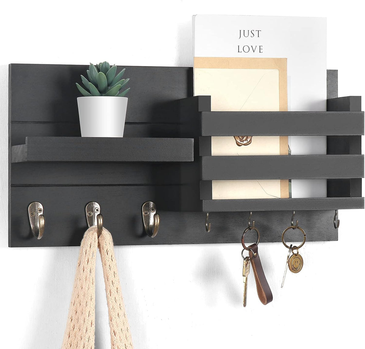 Mail Organizer for Wall Mount – Key Holder with Shelf Includes Letter Holder and Hooks for Coats, Dog Leashes – Rustic Wood with Flush Mounting Hardware (16.5” X 8.7” X 3.5”)