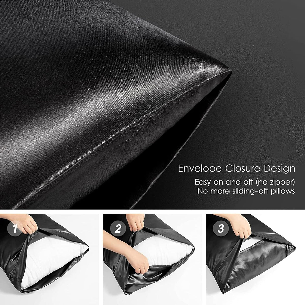 Black Satin Pillowcase Standard Size 2 Pack with 1 Eye Mask and 1 Scrunchie