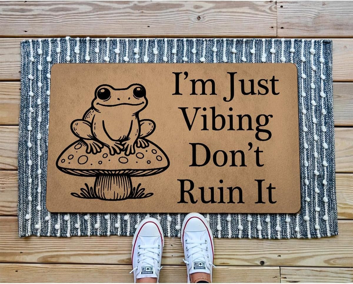 Funny Welcome Doormat for Entrance Way Indoor Front Porch Decor Anti-Slip Rubber Rugs Novelty Prank Gift Mats 23.7"(L) X 15.9"(W) (I‘M Just Vibing Don'T Ruin It Cute Frog with Mushroom)