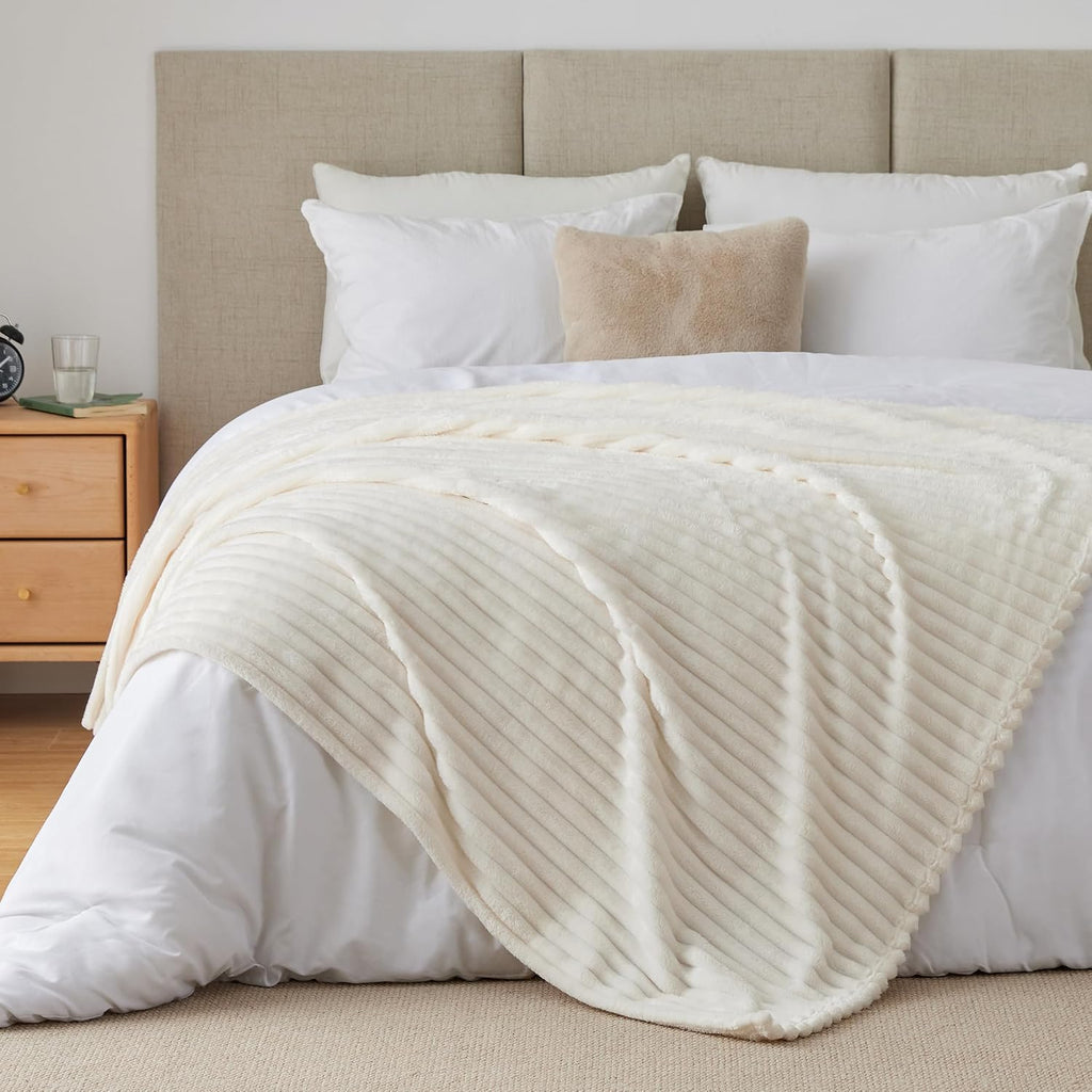 Ribbed Fleece Throw Blanket for Couch, Cream, 50"X60"