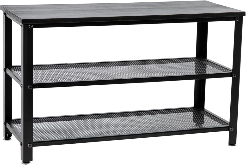 Blackwash Solid Pine Wood 3-Tier Entryway Shoe Rack Bench with Metal Mesh Shelves, for Entryway, Mudroom, or Bedroom, and More!