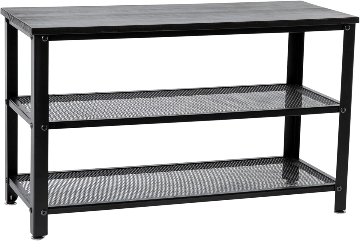 Blackwash Solid Pine Wood 3-Tier Entryway Shoe Rack Bench with Metal Mesh Shelves, for Entryway, Mudroom, or Bedroom, and More!