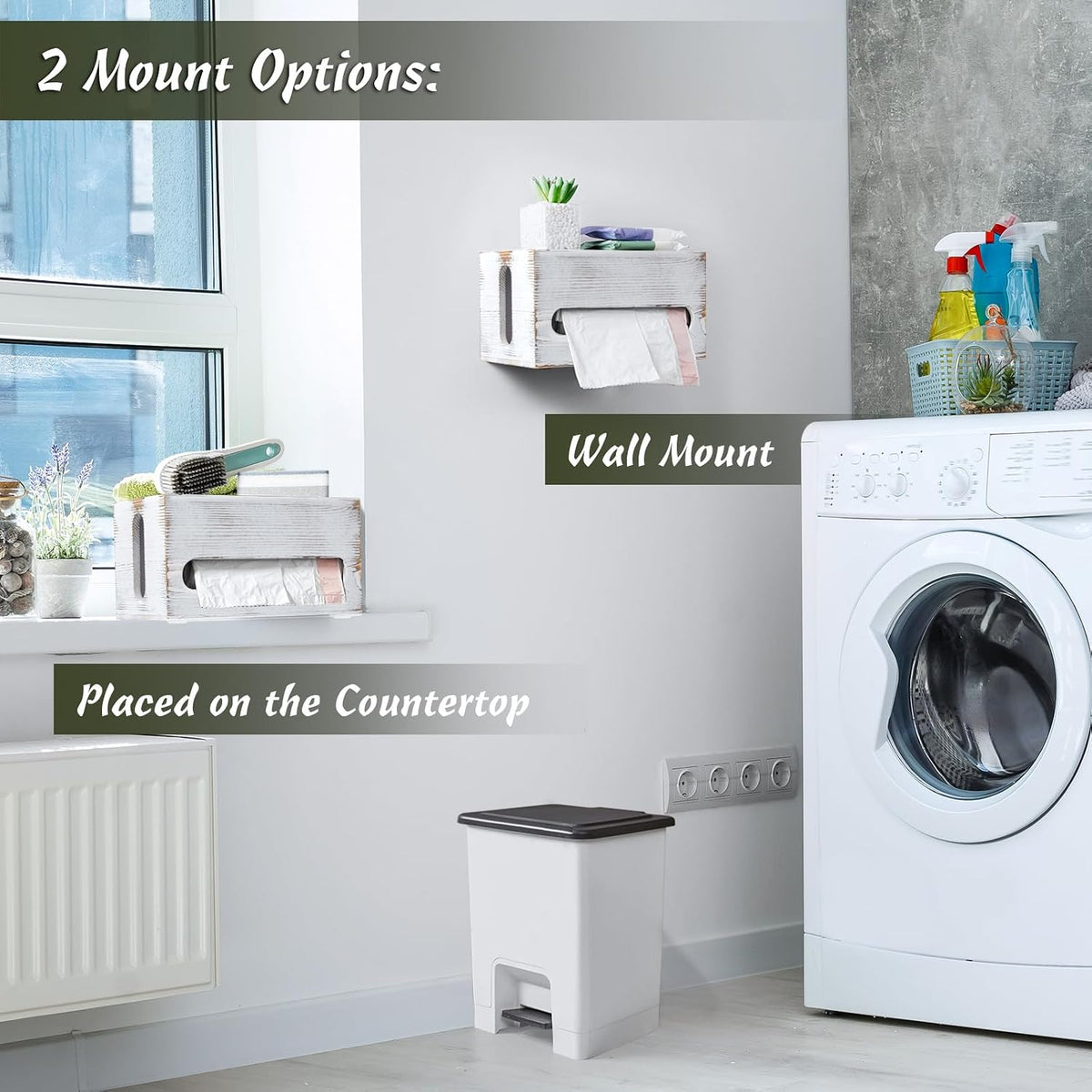 Trash Bag Dispenser, Wall Mount Wooden Trash Organizer , Countertop Trash Bag Roll Holder for 4-8 Gallon , Retro White Kitchen Laundry Room Organization