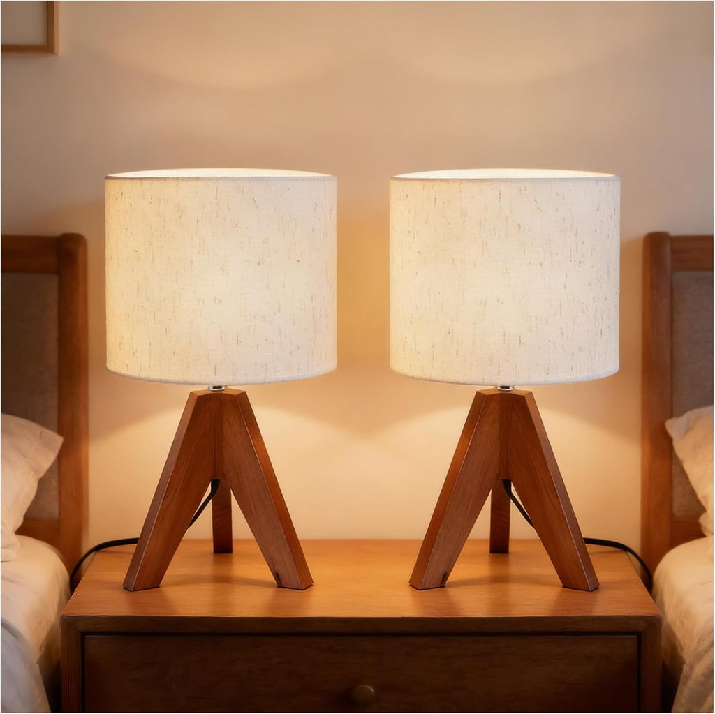 Mid Century Table Lamp - Small Side Table Lamp with Linen Shade, 14.2 Inch Bedside Lamps for Night Stands, Bedroom, Living Room, Wood Base, E26 Socket（2Pcs）