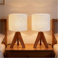 Mid Century Table Lamp - Small Side Table Lamp with Linen Shade, 14.2 Inch Bedside Lamps for Night Stands, Bedroom, Living Room, Wood Base, E26 Socket（2Pcs）