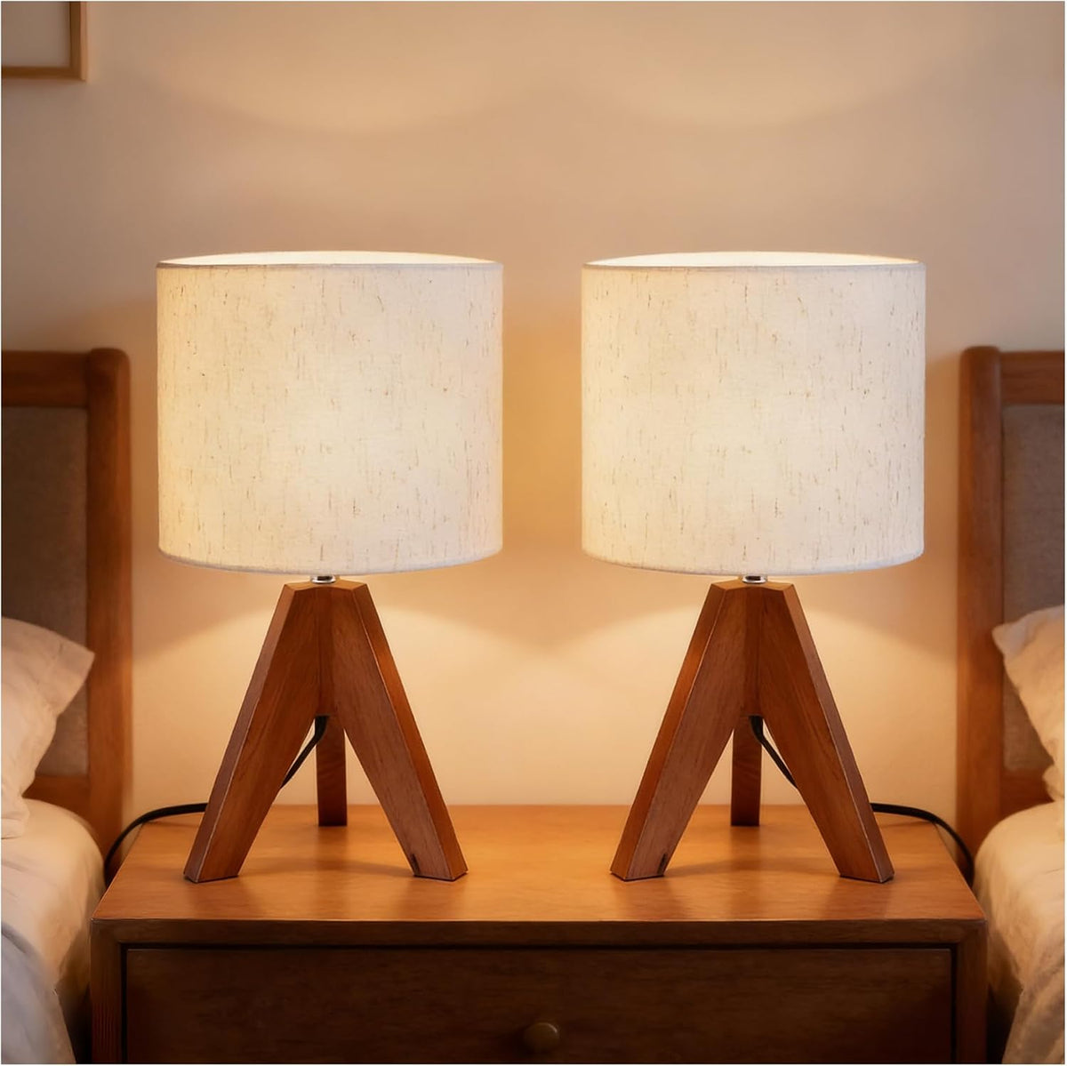 Mid Century Table Lamp - Small Side Table Lamp with Linen Shade, 14.2 Inch Bedside Lamps for Night Stands, Bedroom, Living Room, Wood Base, E26 Socket（2Pcs）