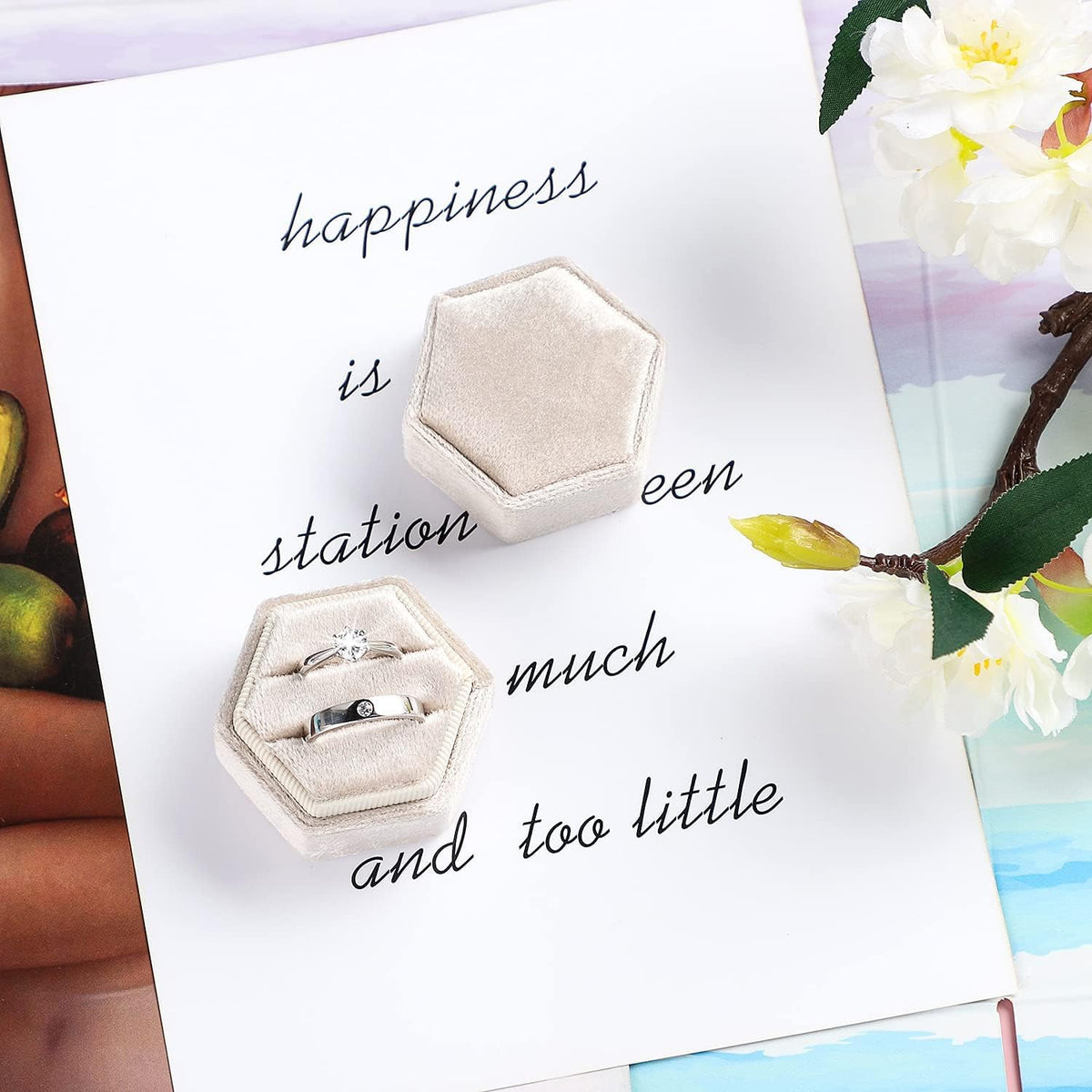 Velvet Ring Box,Hexagon Wedding Double Small Ring Box Proposal Engagement