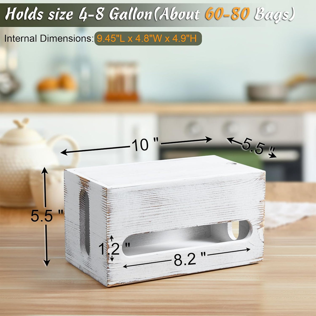 Trash Bag Dispenser, Wall Mount Wooden Trash Organizer , Countertop Trash Bag Roll Holder for 4-8 Gallon , Retro White Kitchen Laundry Room Organization