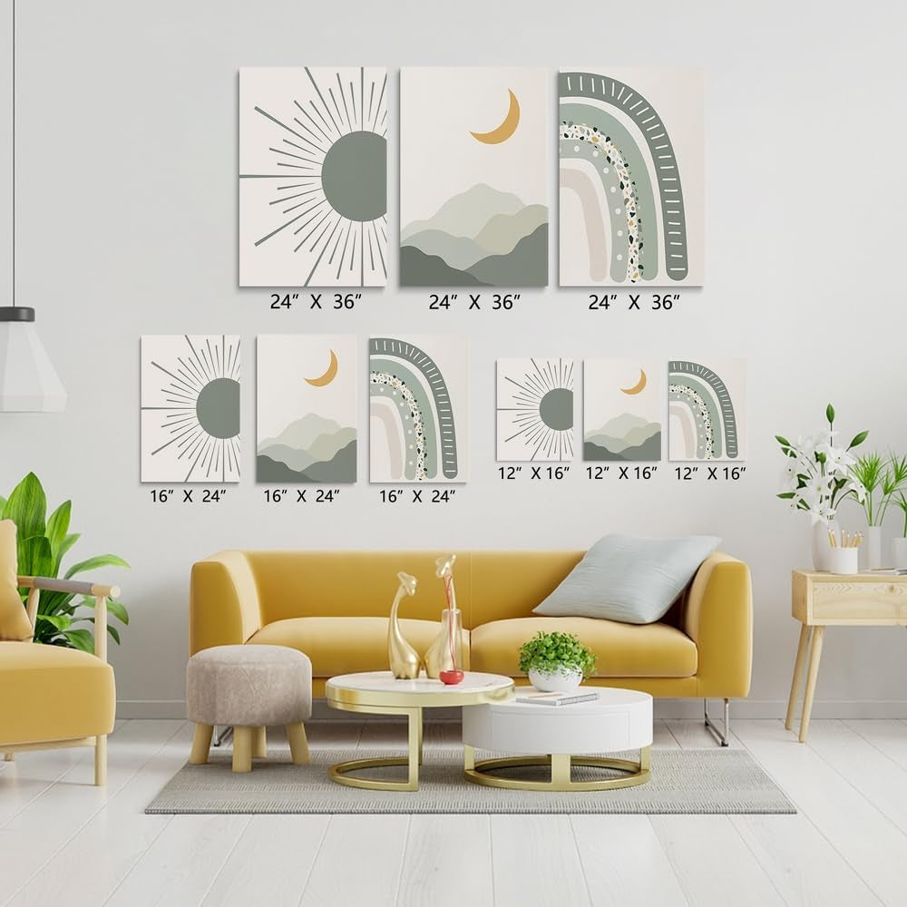 Boho Nursery Print Set of 3,Sun Rainbow Moon Baby Room Posters,Sage Green Wall Art Celestial Bedroom Kids Room Wall Art Decor, Abstract Art Prints,Mid Century Mountain Art for Home Decor 12"X16"
