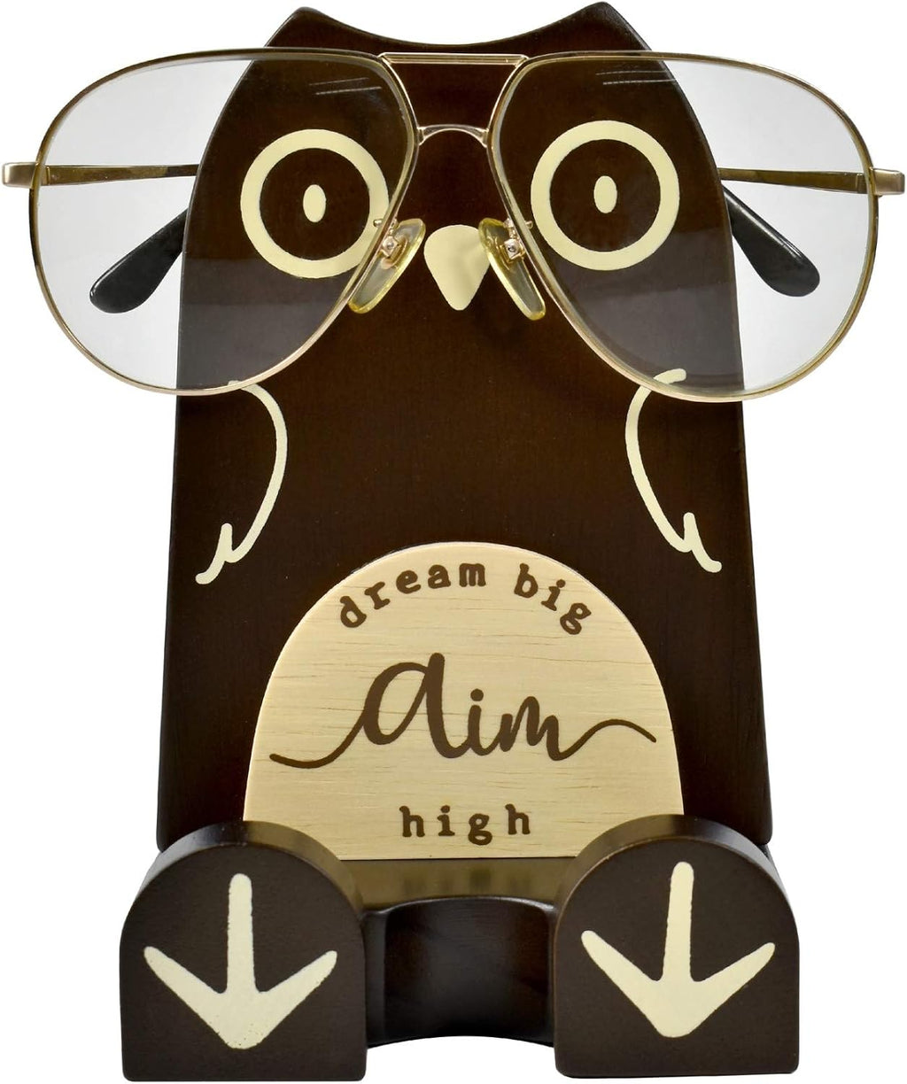 Wood Multipurpose Eyeglass Phone Pen & Pencil Holder Stand Stationery Desk Box Organizer Accessories, Home Office Desktop Decor Birthday Graduation Gifts “Dream Big Aim High” (Owl)