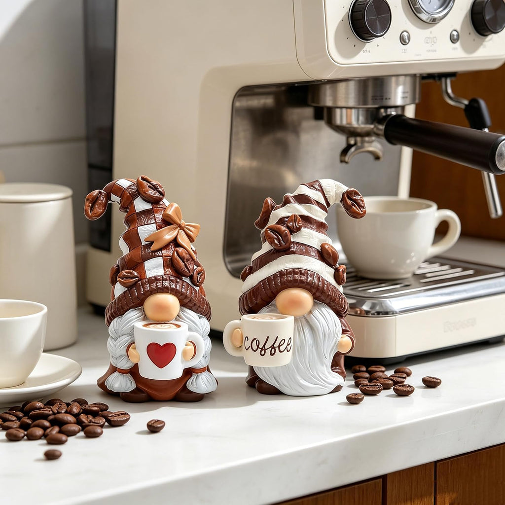 2PCS Coffee Gnome Figurines, Resin Statues for Home Office Kitchen Tiered Tray & Farmhouse Shelf, Indoor Outdoor Dwarf Decor, Adorable Gift for Women