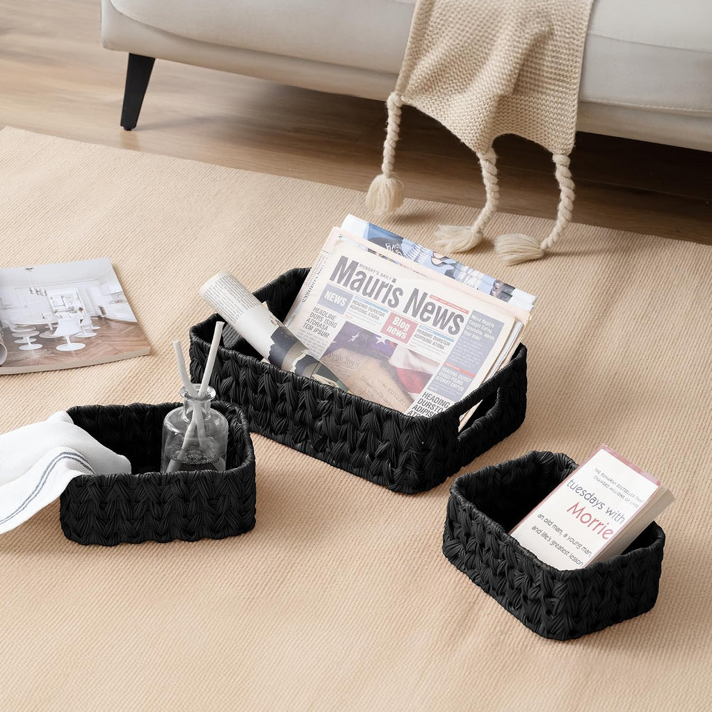 Black Wicker Baskets for Shelves, Small Baskets for Organizing