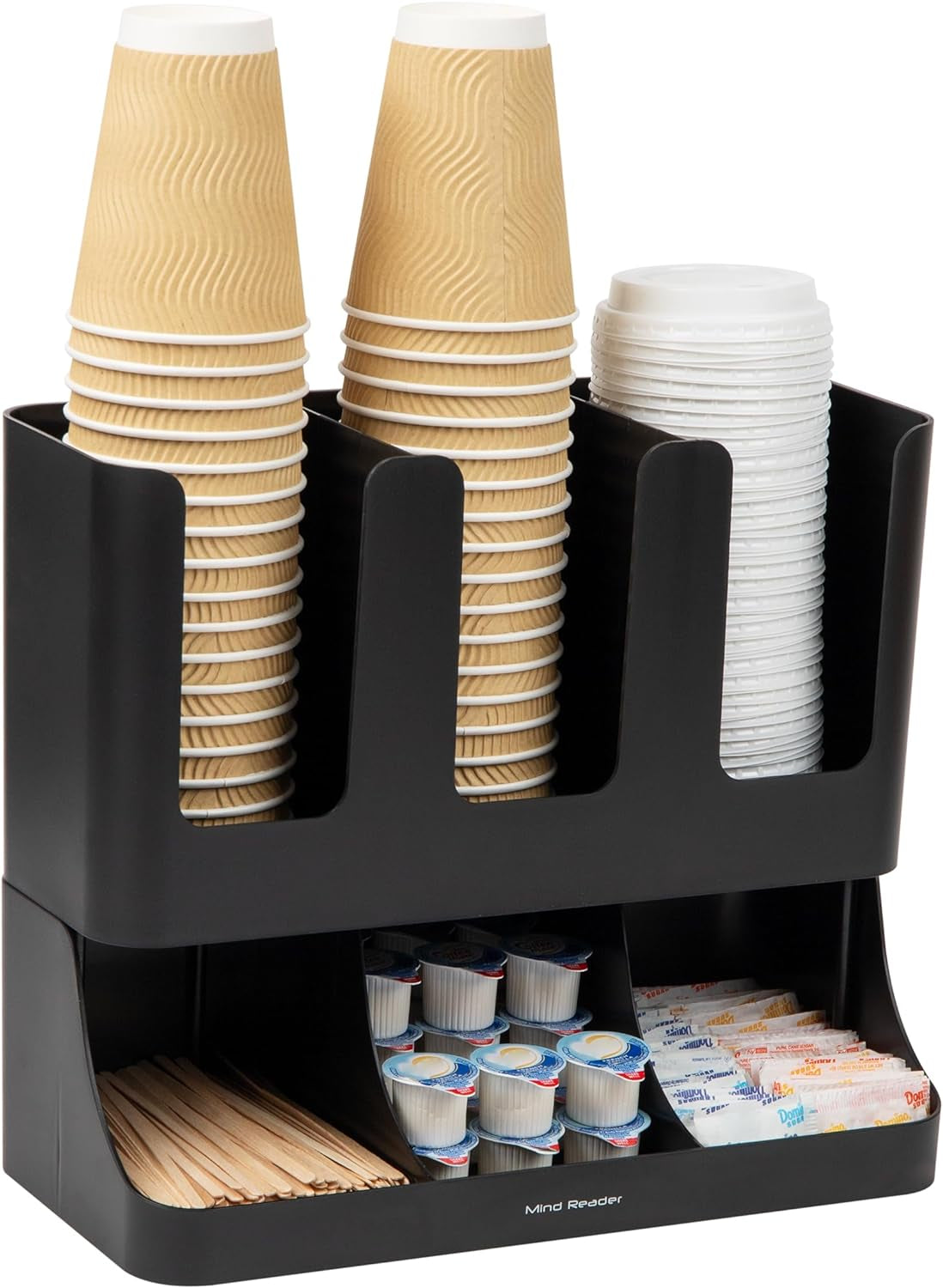 Condiment Station, 13 Inch Countertop Coffee Bar Organizer with 6 Compartments, Storage Caddy for Cups, Lids and Packets, Plastic, Black