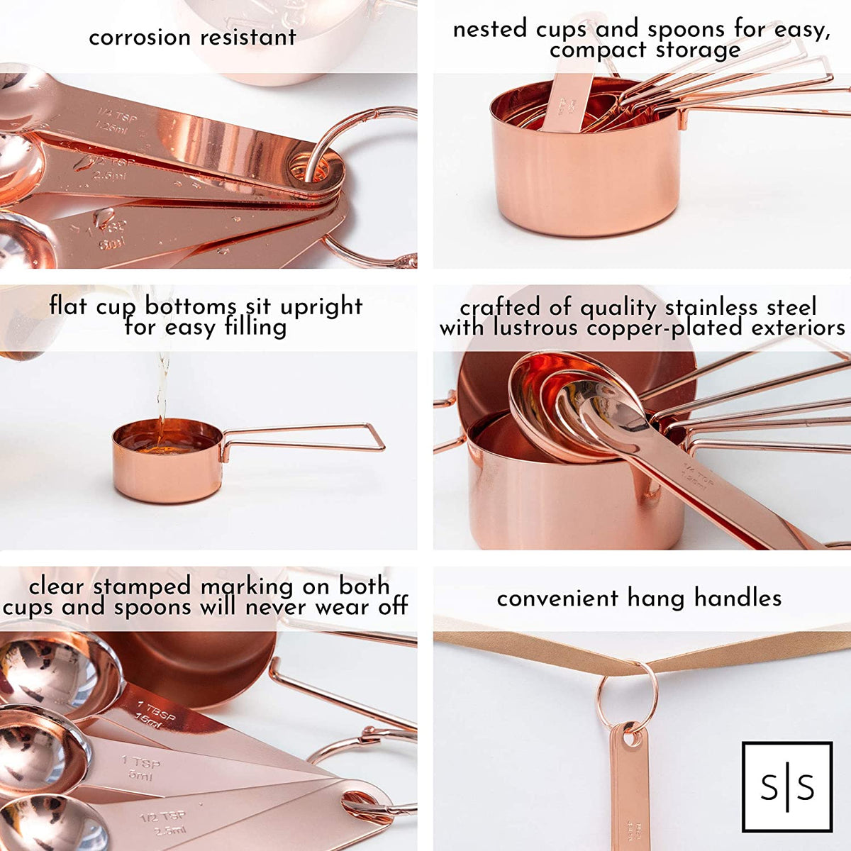 Copper Measuring Cups and Spoons Set, 8-Piece