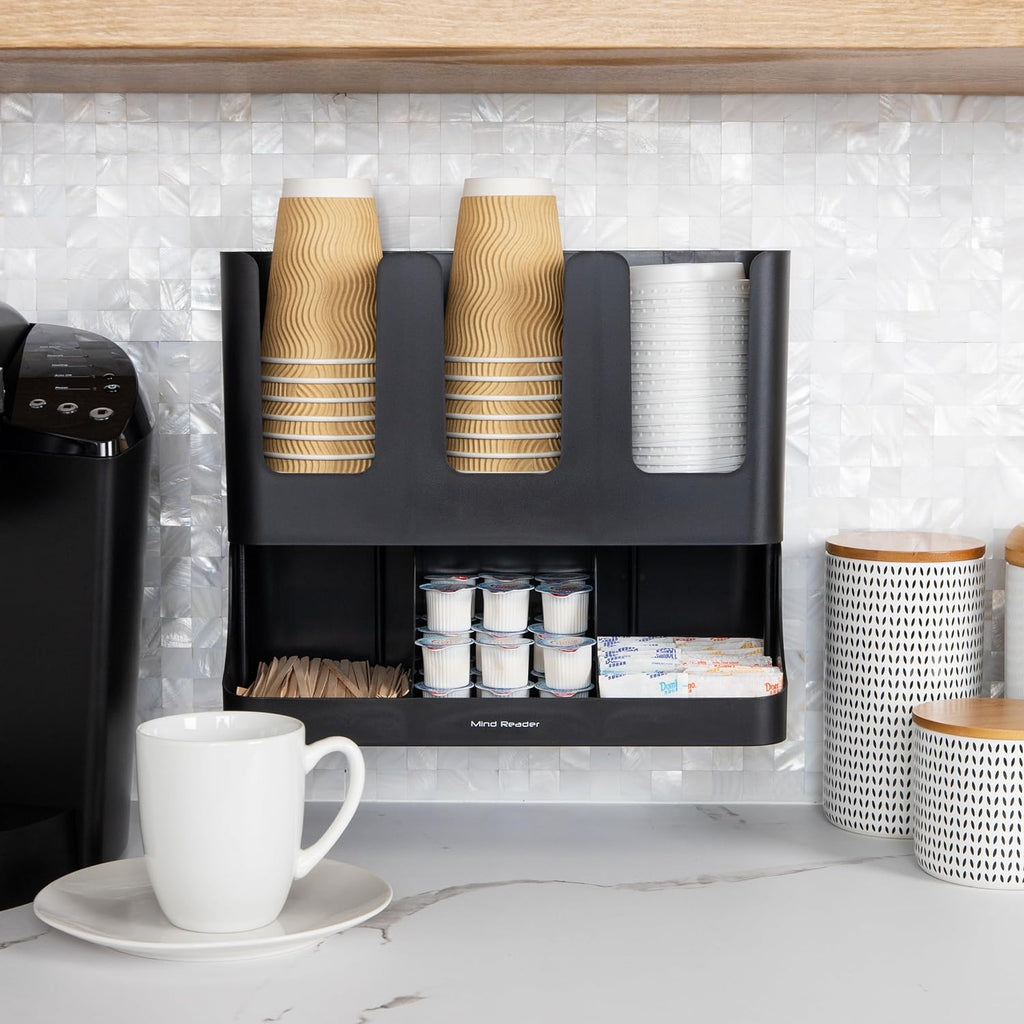 Condiment Station, 13 Inch Countertop Coffee Bar Organizer with 6 Compartments, Storage Caddy for Cups, Lids and Packets, Plastic, Black