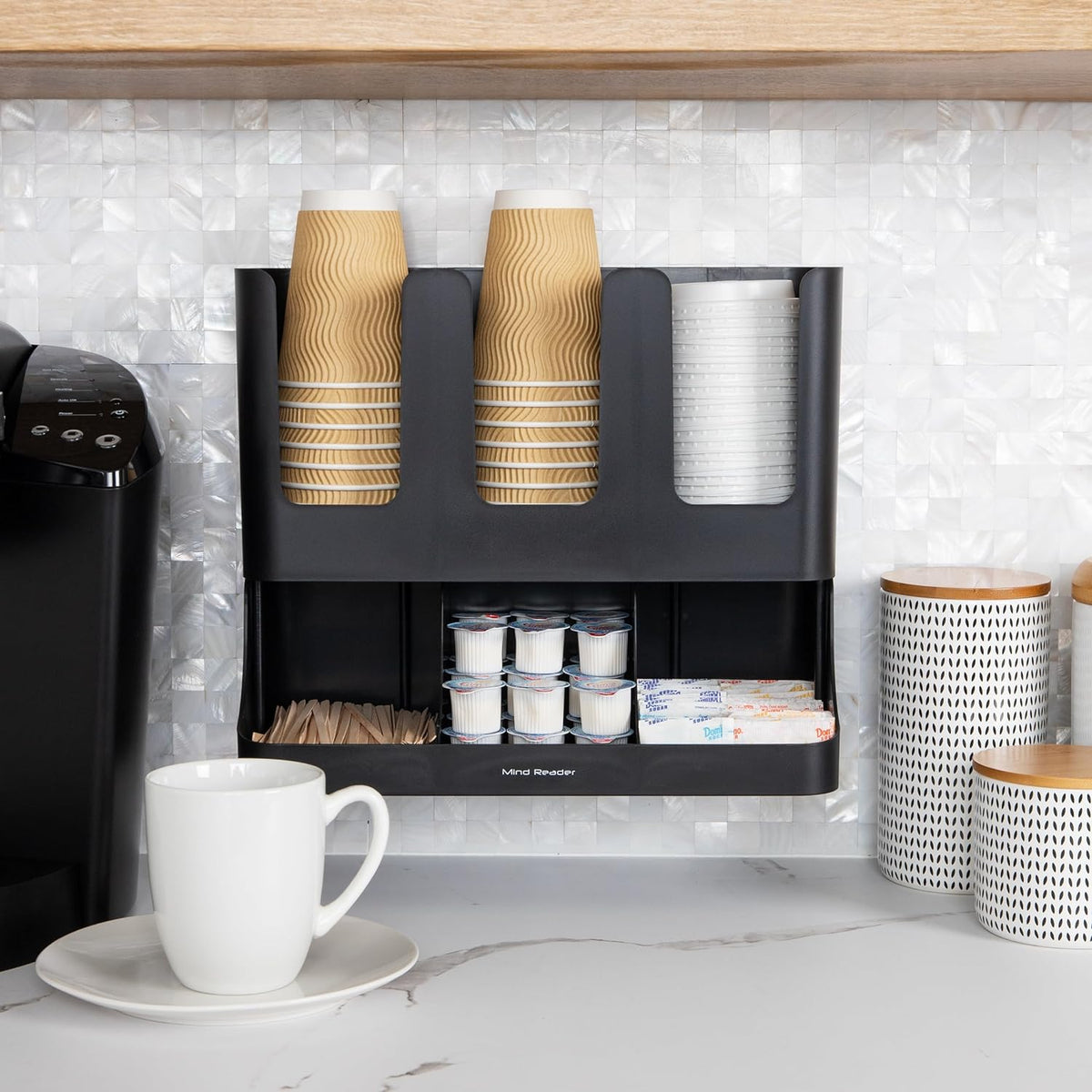 Condiment Station, 13 Inch Countertop Coffee Bar Organizer with 6 Compartments, Storage Caddy for Cups, Lids and Packets, Plastic, Black