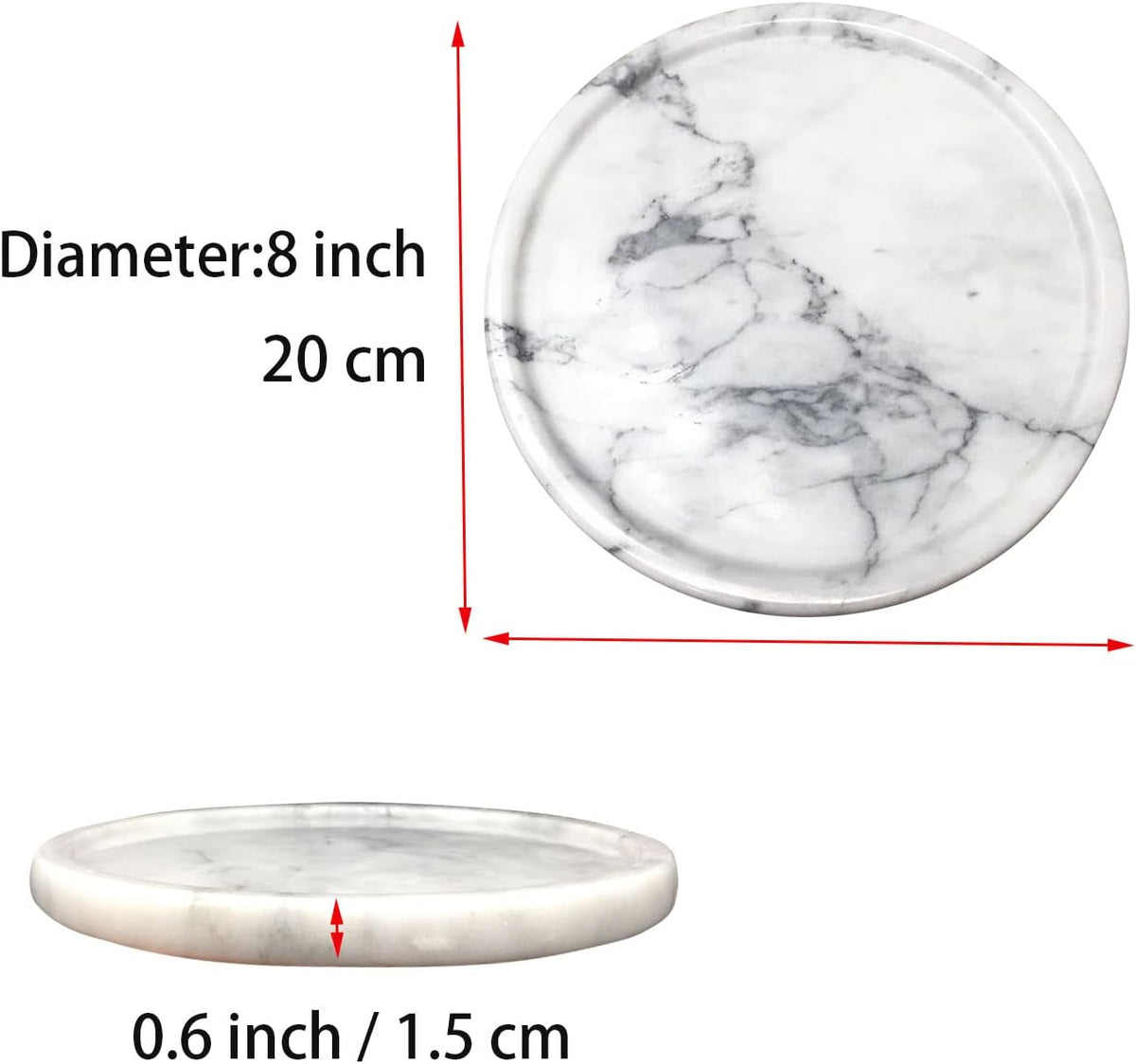 Natural Marble Tray, round Marble Decorative Tray for Counter, Jewelry, Dresser, Bathroom, Kitchen White round Tray,Diameter 8 Inches(White)