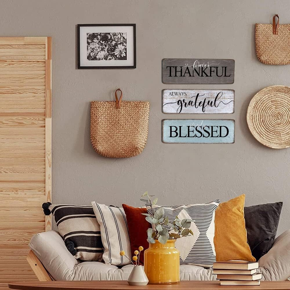 Farmhouse Home Decor Family Wall Decor for Living Room Thankful Grateful Blessed Wall Decor 16"X5" Blessed Sign Kitchen Wall Art