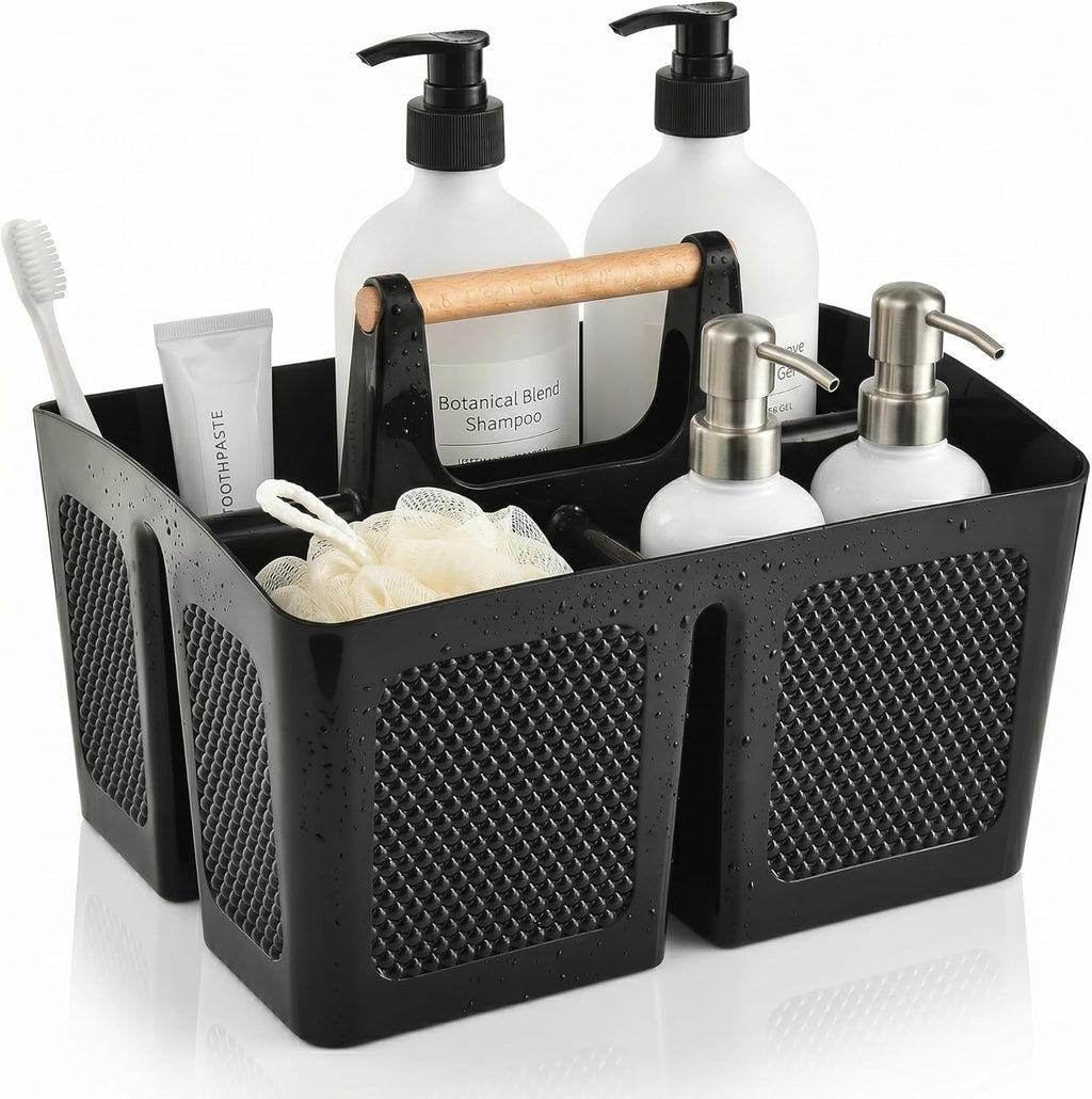 Plastic Shower Caddy with Wooden Handle, Portable 3-Compartment Bathroom Organizer Basket with Drainage Holes, Quick Dry Shower Basket for Dorm, College, Cleaning Supplies