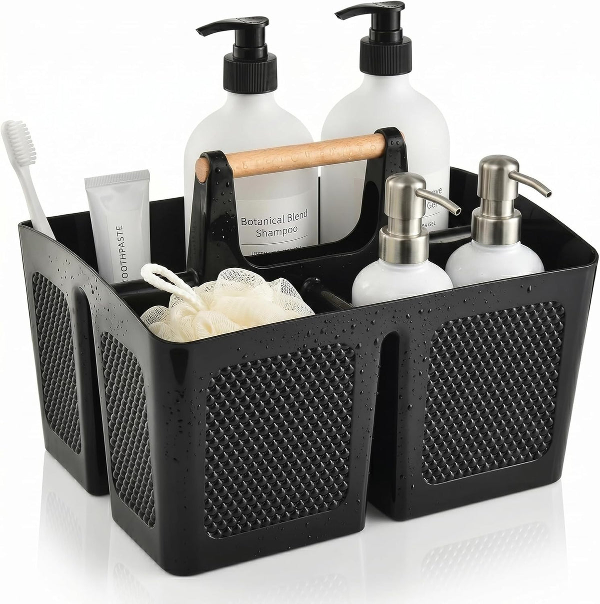 Plastic Shower Caddy with Wooden Handle, Portable 3-Compartment Bathroom Organizer Basket with Drainage Holes, Quick Dry Shower Basket for Dorm, College, Cleaning Supplies