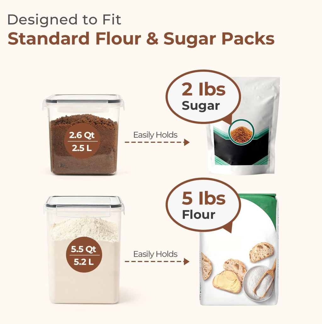 Airtight Flour and Sugar Container 2.6Qt & 5.5Qt 3Pack, Wide Mouth