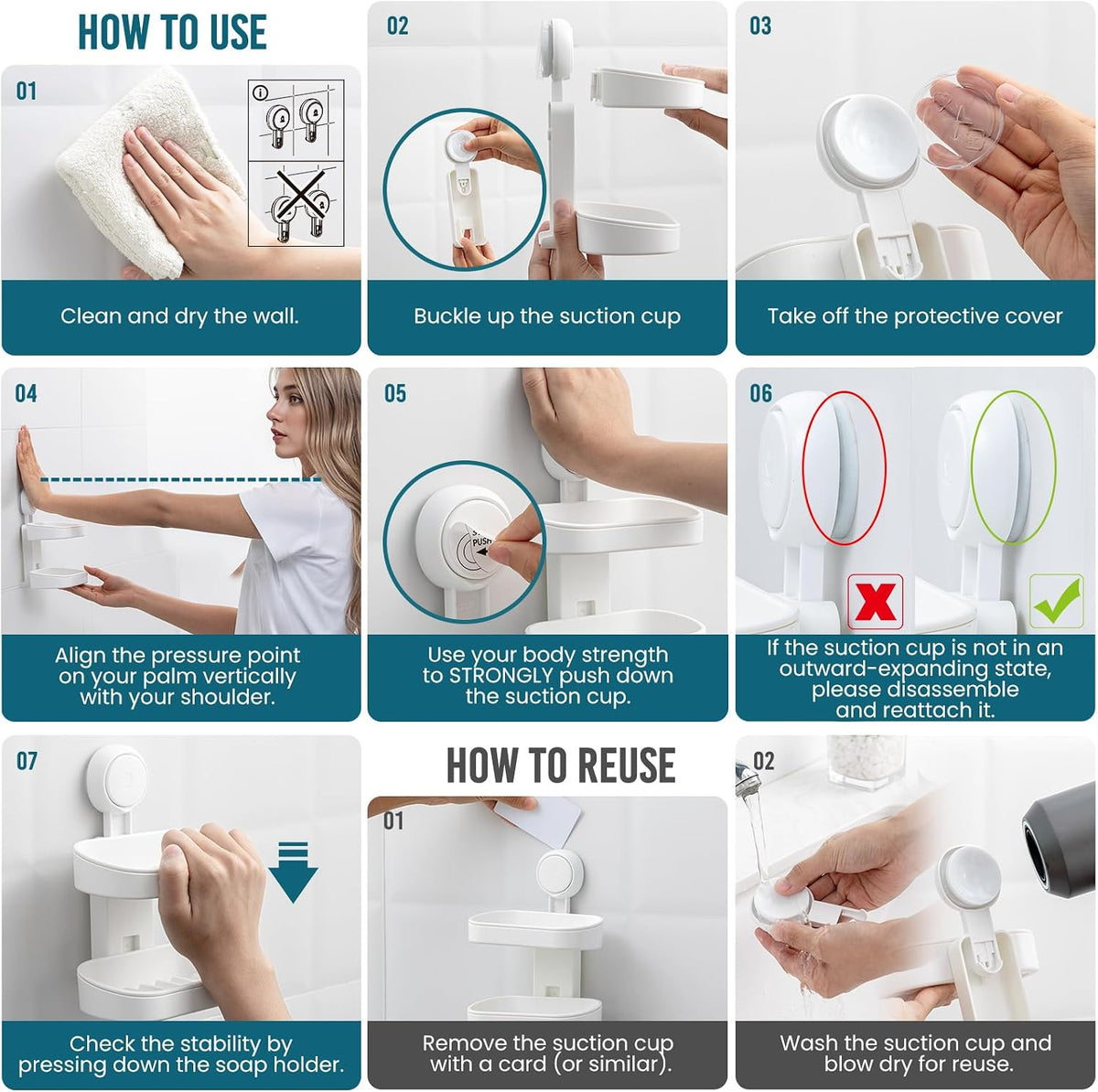 Soap Holder, Soap Dish for Shower Suction Cup, Bar Soap Holder, White
