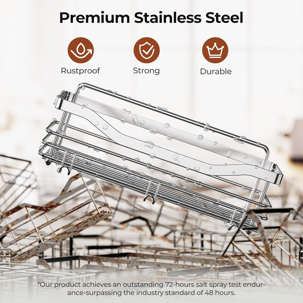 Shower Caddy Basket Soap Dish Holder Shelf with 5 Hooks Bathroom Organizer Shelf Kitchen Storage Rack Wall Mounted Adhesive No Drilling Rustproof SUS304 Stainless Steel - 3 Pack