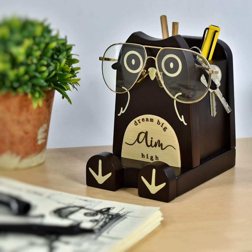 Wood Multipurpose Eyeglass Phone Pen & Pencil Holder Stand Stationery Desk Box Organizer Accessories, Home Office Desktop Decor Birthday Graduation Gifts “Dream Big Aim High” (Owl)