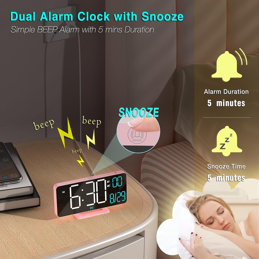 Clock for Bedroom, 6.7In Digital Alarm Clock, Auto Dimming, Room Temperature, Day of the Week, Seconds, Date, Alarm Clocks for Bedrooms, Digital Clocks for Living Room