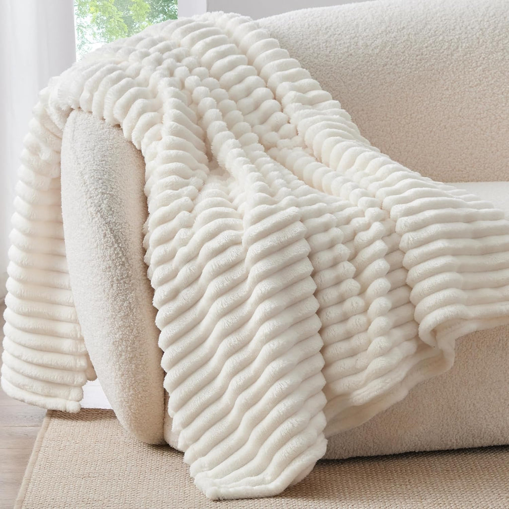 Ribbed Fleece Throw Blanket for Couch, Cream, 50"X60"