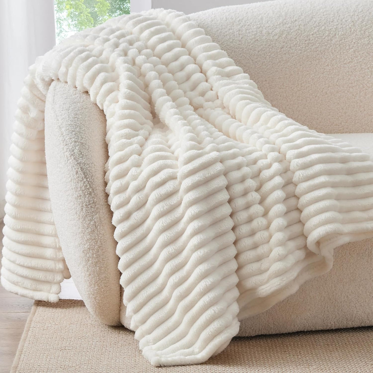 Ribbed Fleece Throw Blanket for Couch, Cream, 50"X60"