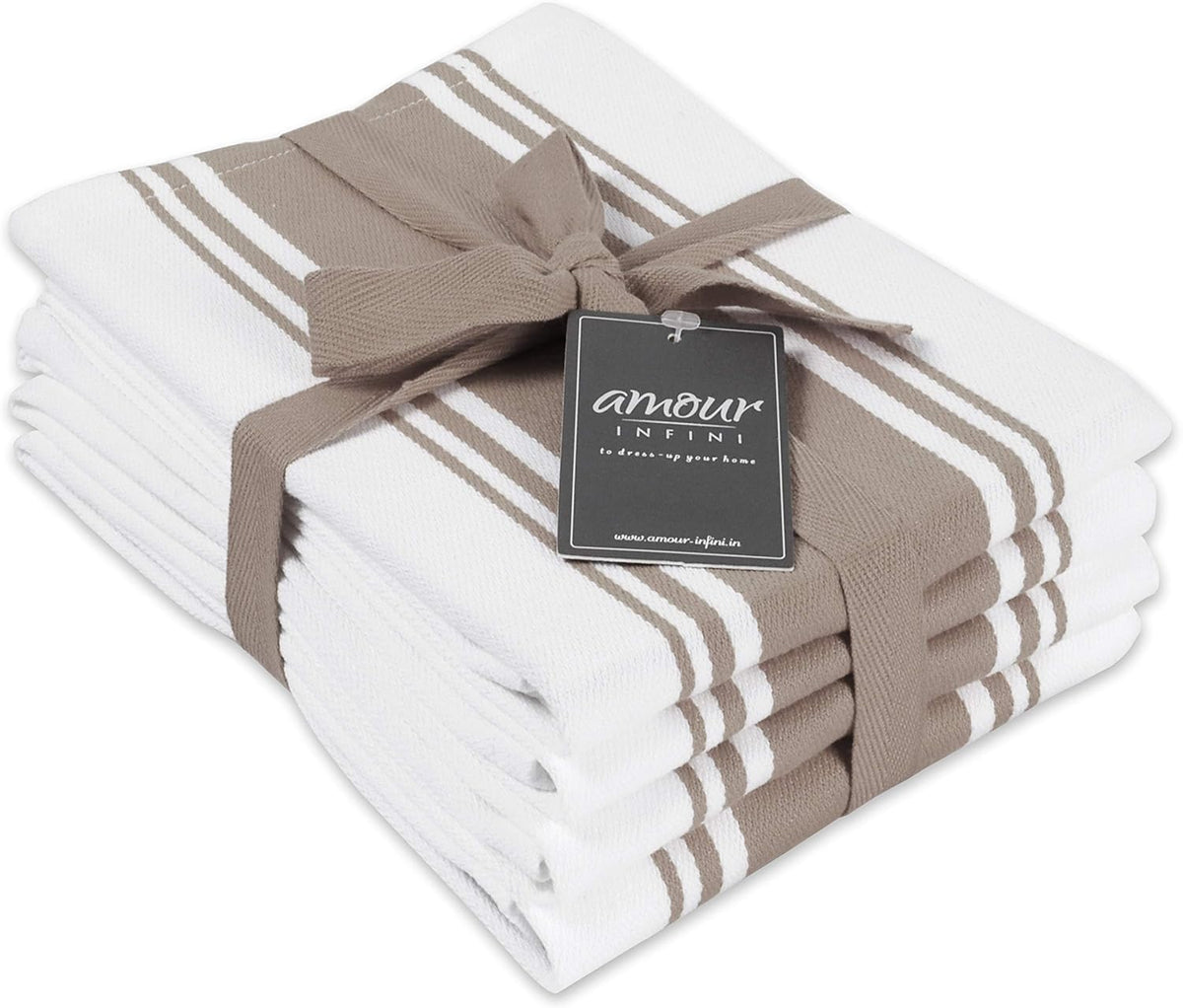Kitchen Towels 100% Cotton Pack of 4, Highly Absorbent Quick Drying Premium Striped Dish Towel for Kitchen with Hanging Loop Hand & Tea Towels (Beige)