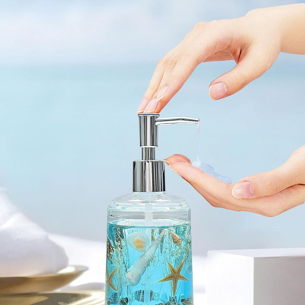 Soap Dispenser with Pump Acrylic W/Nature Seashell Handmade Bathroom Hand Soap Dispenser, Kitchen Refillable Liquid Dispenser for Soap,Dish Soap, Lotion (Blue)