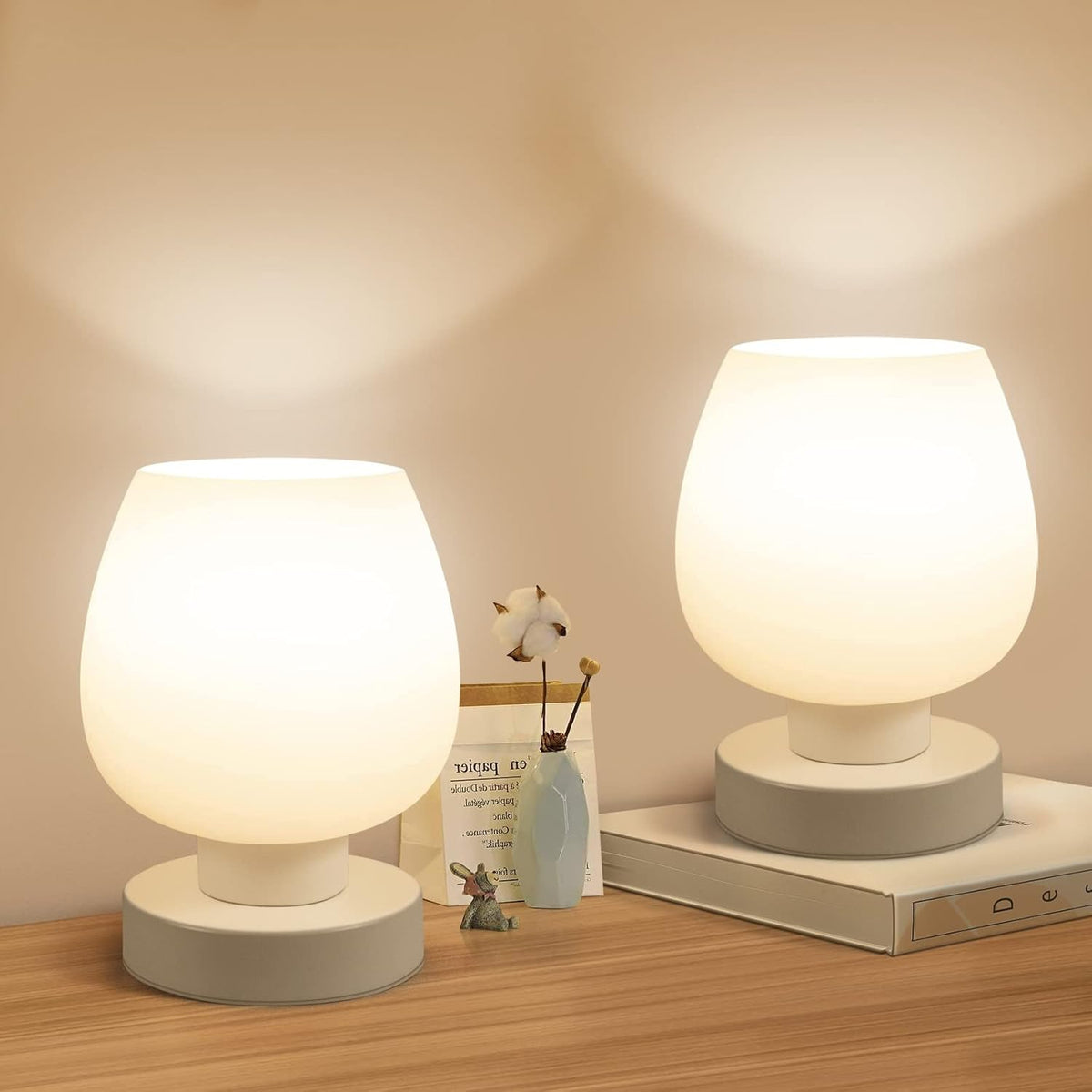 Touch Bedside Table Lamp Set of 2 - Small Modern Table Lamp for Bedroom Living Room Nightstand, 3-Way Dimable Desk Lamp with White Opal Glass Lamp Shade, 2700K LED Bulb, Simple Design Home Decor