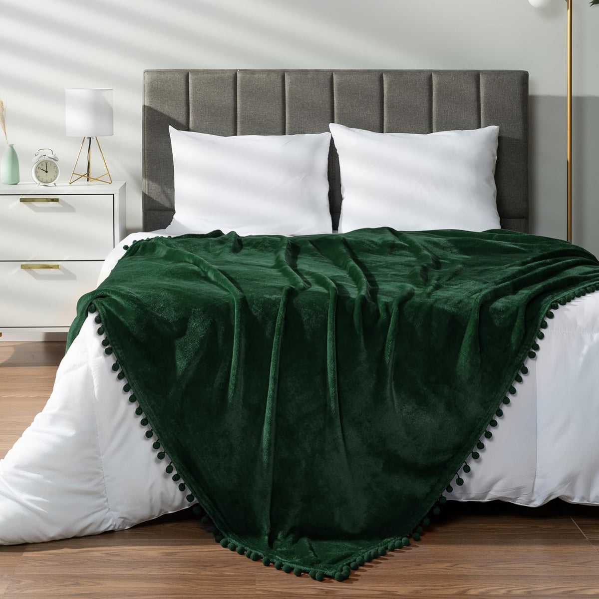 Fleece Throw Blanket for Couch with Pom Pom Fringe, Emerald Green, Soft Cozy Fuzzy Flannel Blanket for Sofa Bed, Lightweight Plush All Season Throw, 50X60 Inches