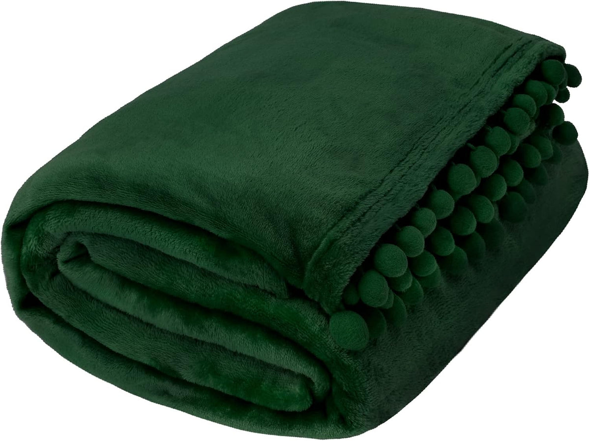 Fleece Throw Blanket for Couch with Pom Pom Fringe, Emerald Green, Soft Cozy Fuzzy Flannel Blanket for Sofa Bed, Lightweight Plush All Season Throw, 50X60 Inches
