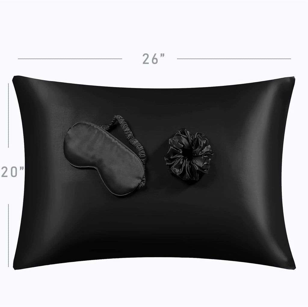 Black Satin Pillowcase Standard Size 2 Pack with 1 Eye Mask and 1 Scrunchie