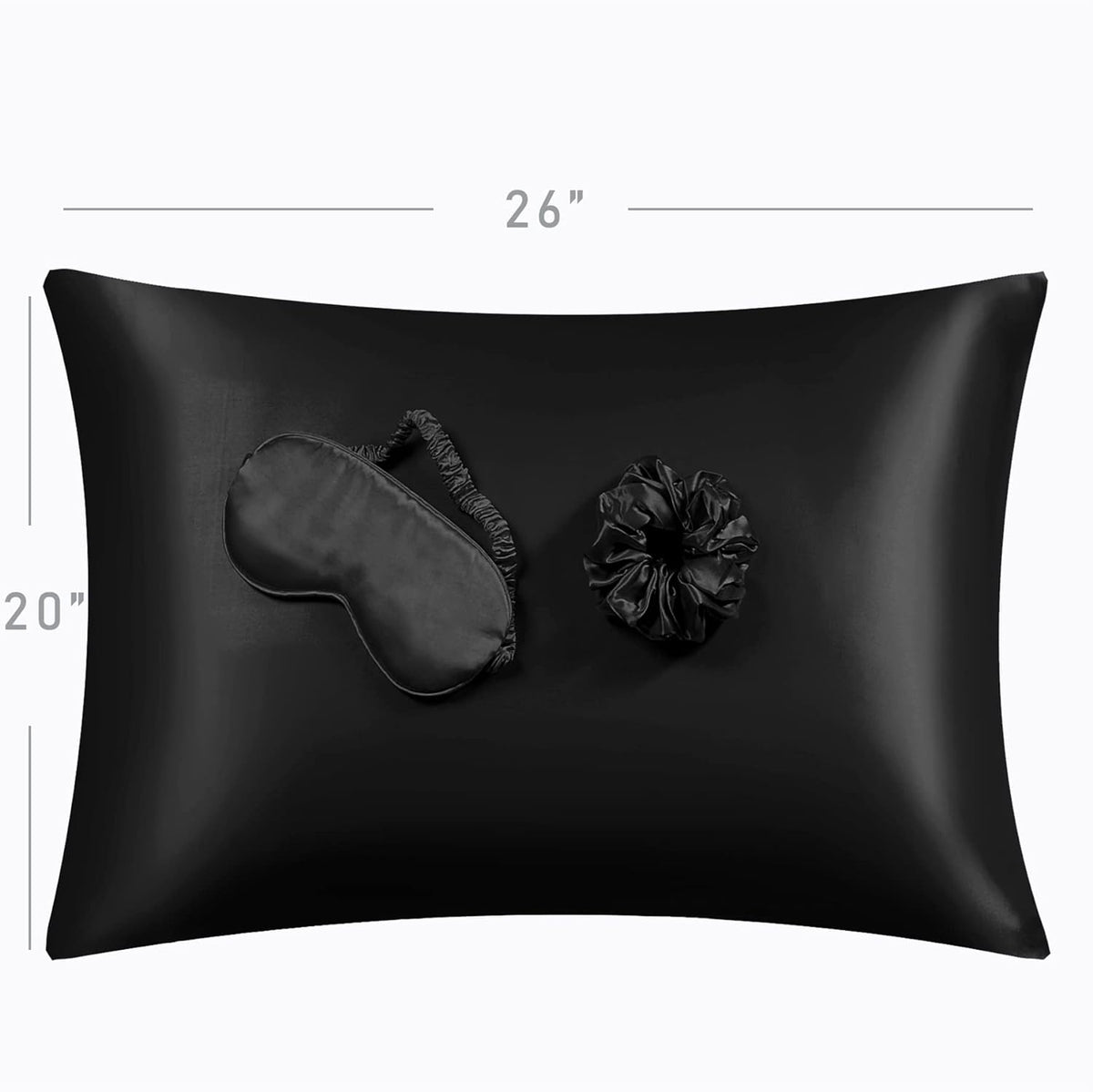 Black Satin Pillowcase Standard Size 2 Pack with 1 Eye Mask and 1 Scrunchie