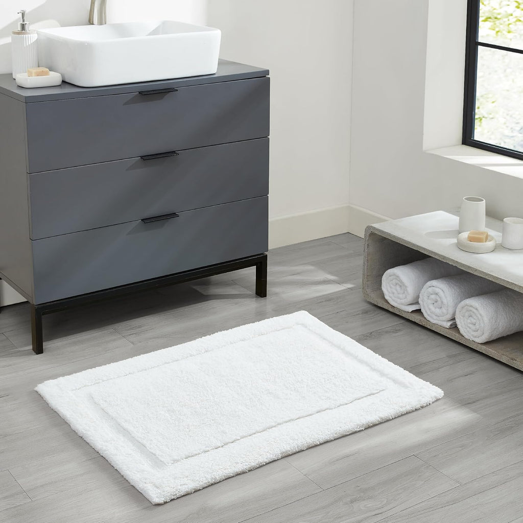 Lydia Border 100% Cotton Bath Mat - Non-Slip Bath Rug - White - 27"X45"