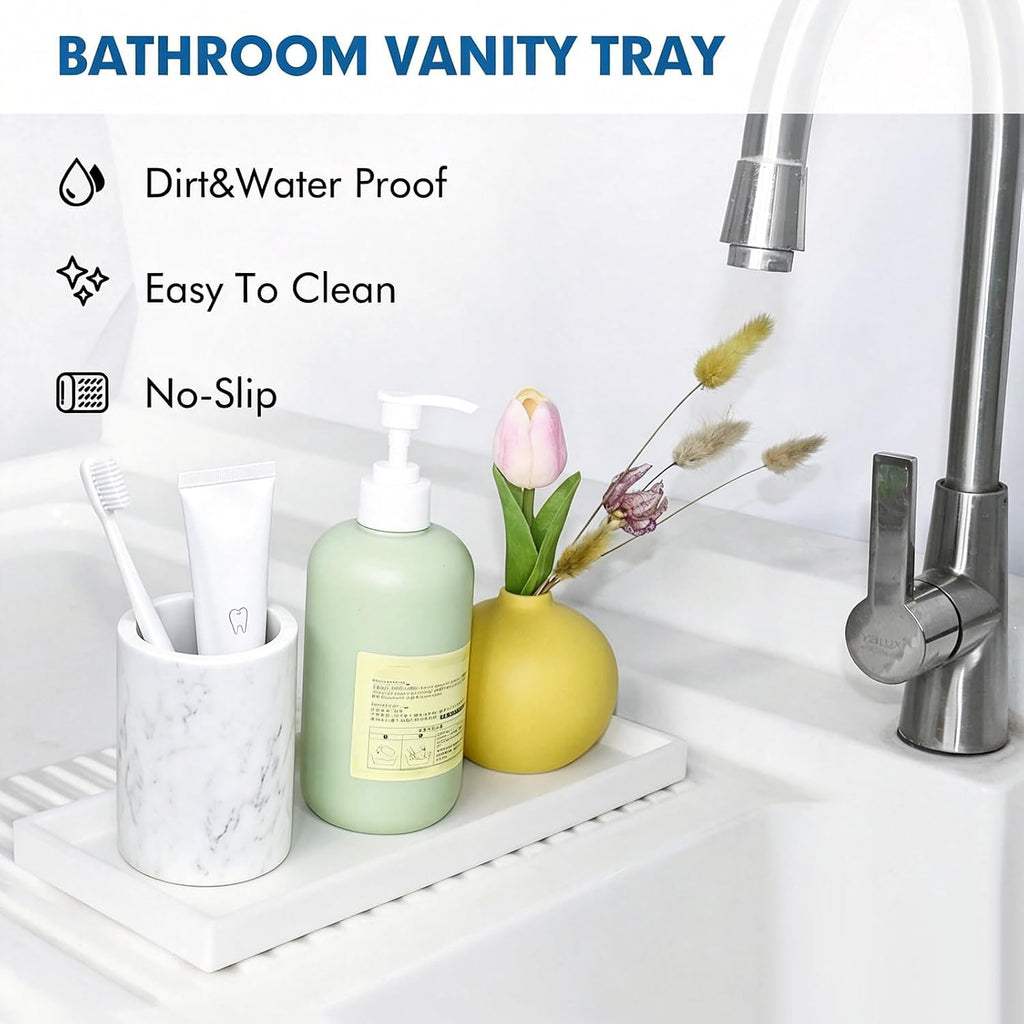 Counter Tray Set for Bathroom/Kitchen - 15.7" Silicone Tray for Kitchen Countertop, Soap and Sponge Holder, Bathroom Vanity Traty for Perfume,Jewelry,Candle,Key Tray