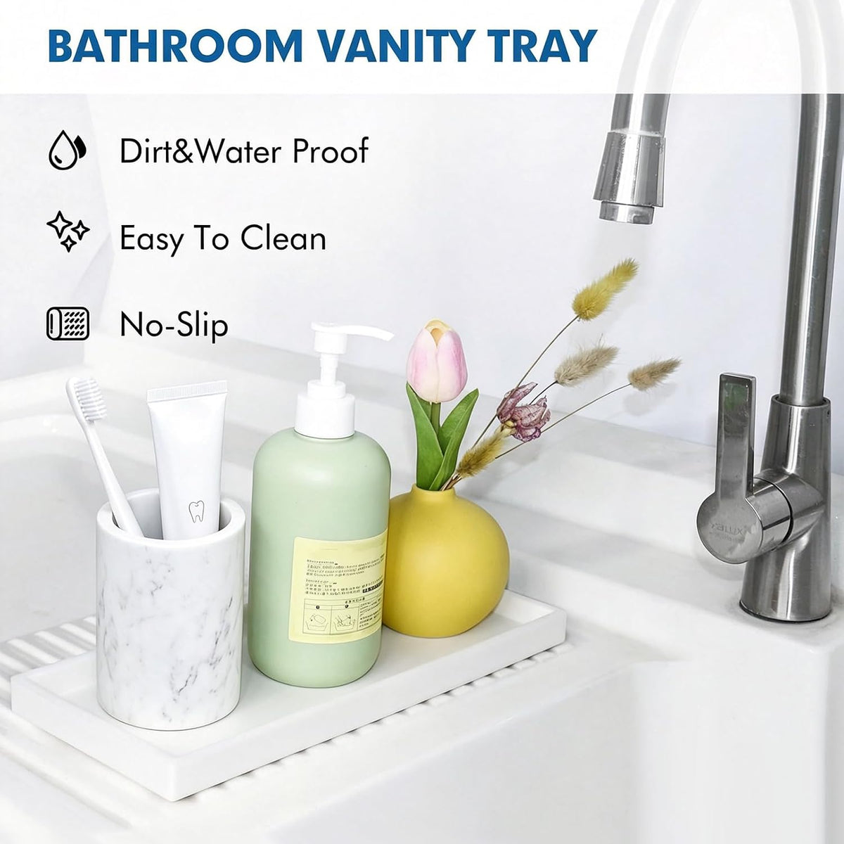 Counter Tray Set for Bathroom/Kitchen - 15.7" Silicone Tray for Kitchen Countertop, Soap and Sponge Holder, Bathroom Vanity Traty for Perfume,Jewelry,Candle,Key Tray