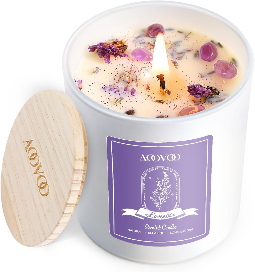 Lavender Scented Candles for Women - Aromatherapy Candle with Crystals Inside, 5Oz Soy Candles for Home Scented, Birthday Gifts Christmas Candle for Women Mom