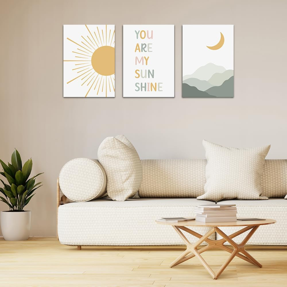 Boho Sun Moon Wall Art Set of 3,Framed Canvas Wall Art Sun Rising on the Horizon Geometric Nature Mountain Art Wall,Mid-Century Modern Prints Boho Wall Decor Nursery Decor Green Brown 24"X36"