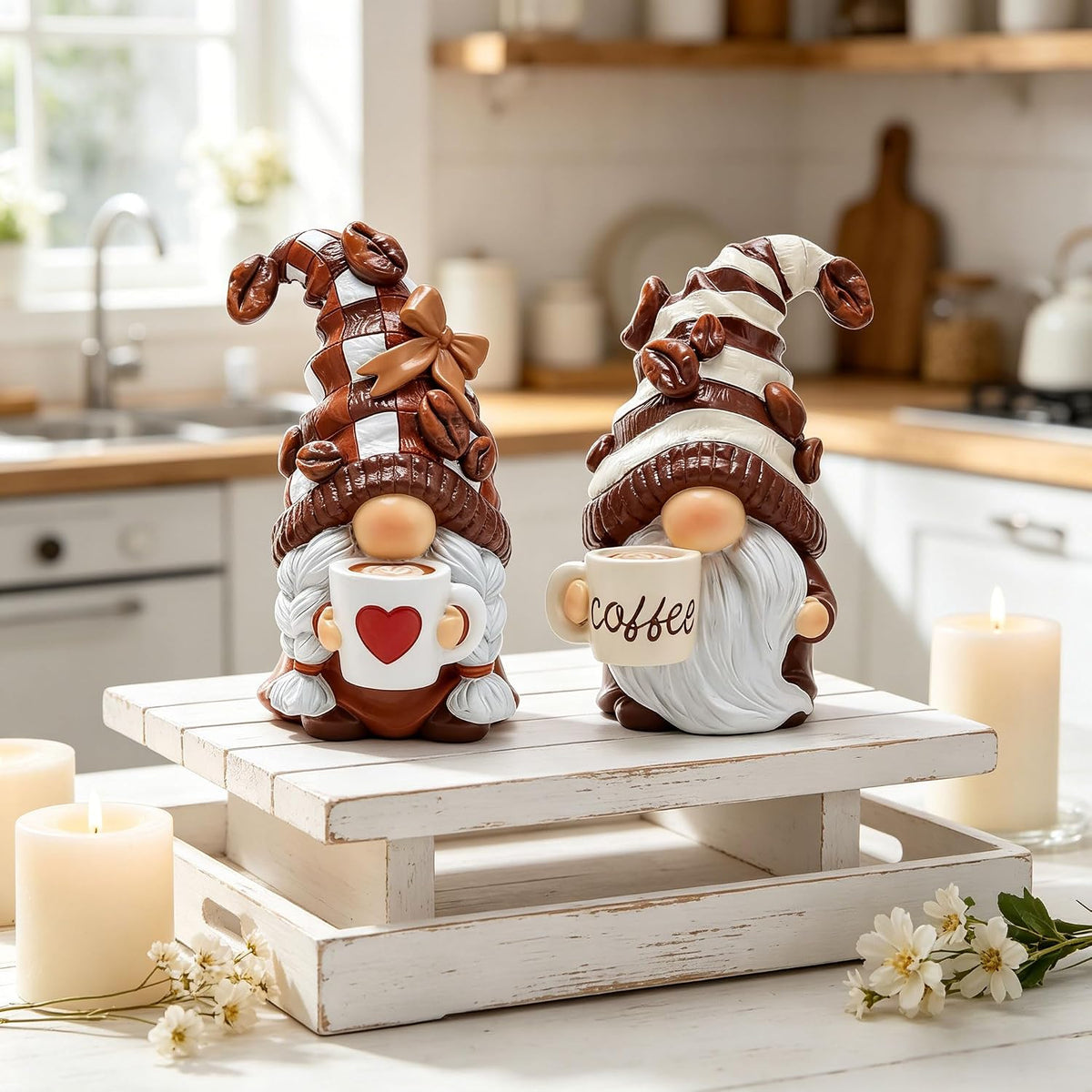 2PCS Coffee Gnome Figurines, Resin Statues for Home Office Kitchen Tiered Tray & Farmhouse Shelf, Indoor Outdoor Dwarf Decor, Adorable Gift for Women