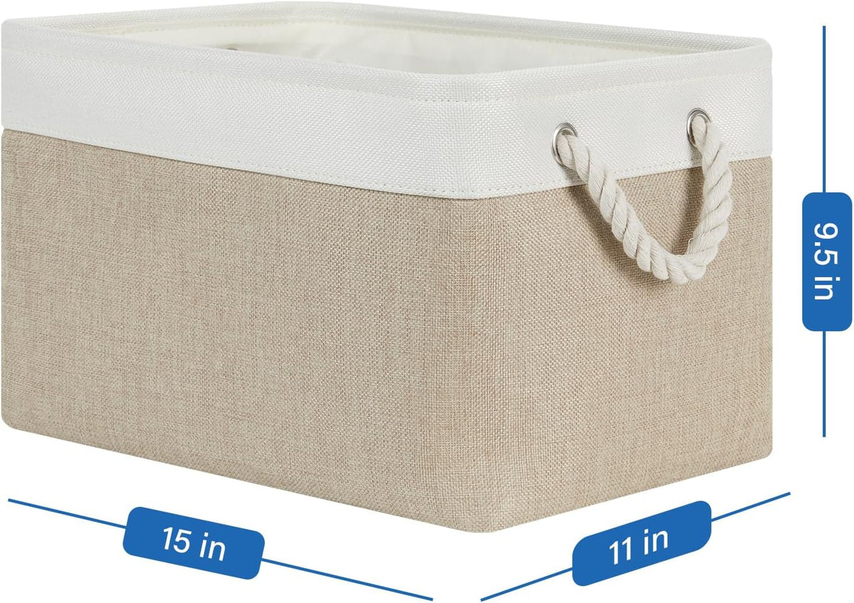 Fabric Storage Baskets 4Pack Storage Bins Decorative Basket for Gift, Clothes Bin with Rope Handle, Rectangle Baskets for Storage, Blankets(White&Khaki,15X11X9.5 Inch)