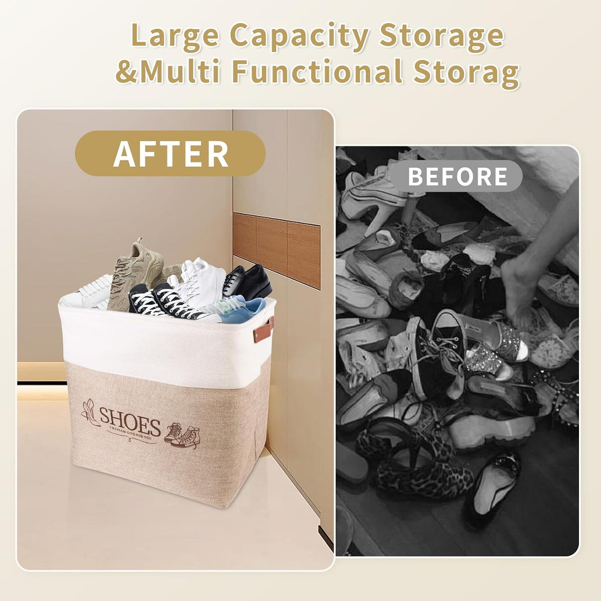 Shoe Basket Organizer, Large Capacity Fabric Entryway Shoe Storage Bin with Handle, Flodable Space-Saving Shoe Basket for Entryway, Hallway, Entryway and Mudroom