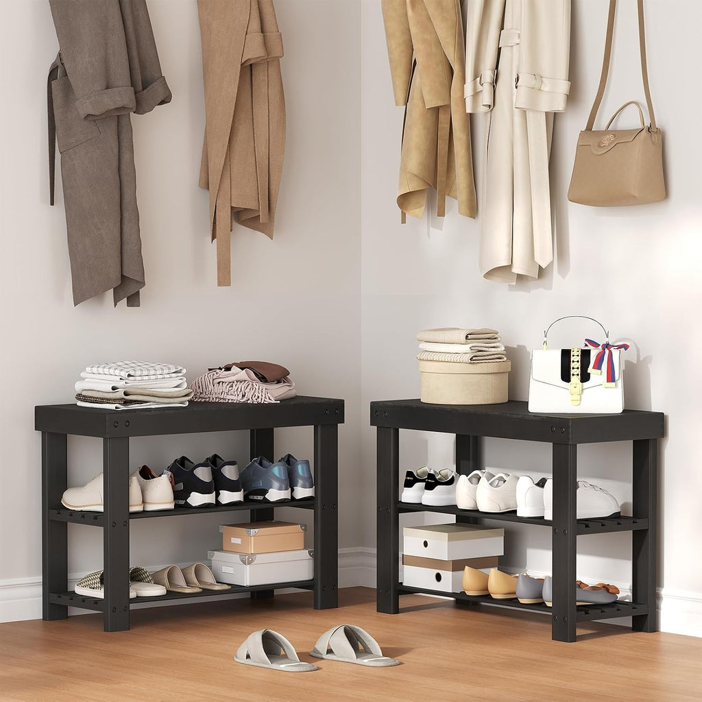 Shoe Rack Bench, 3-Tier Bamboo Shoe Organizer, Wooden Entryway Storage Bench, 286 Lb Load Capacity, 11.2X27.6X17.9 Inches, for Entryway Bathroom Bedroom Balcony, Black