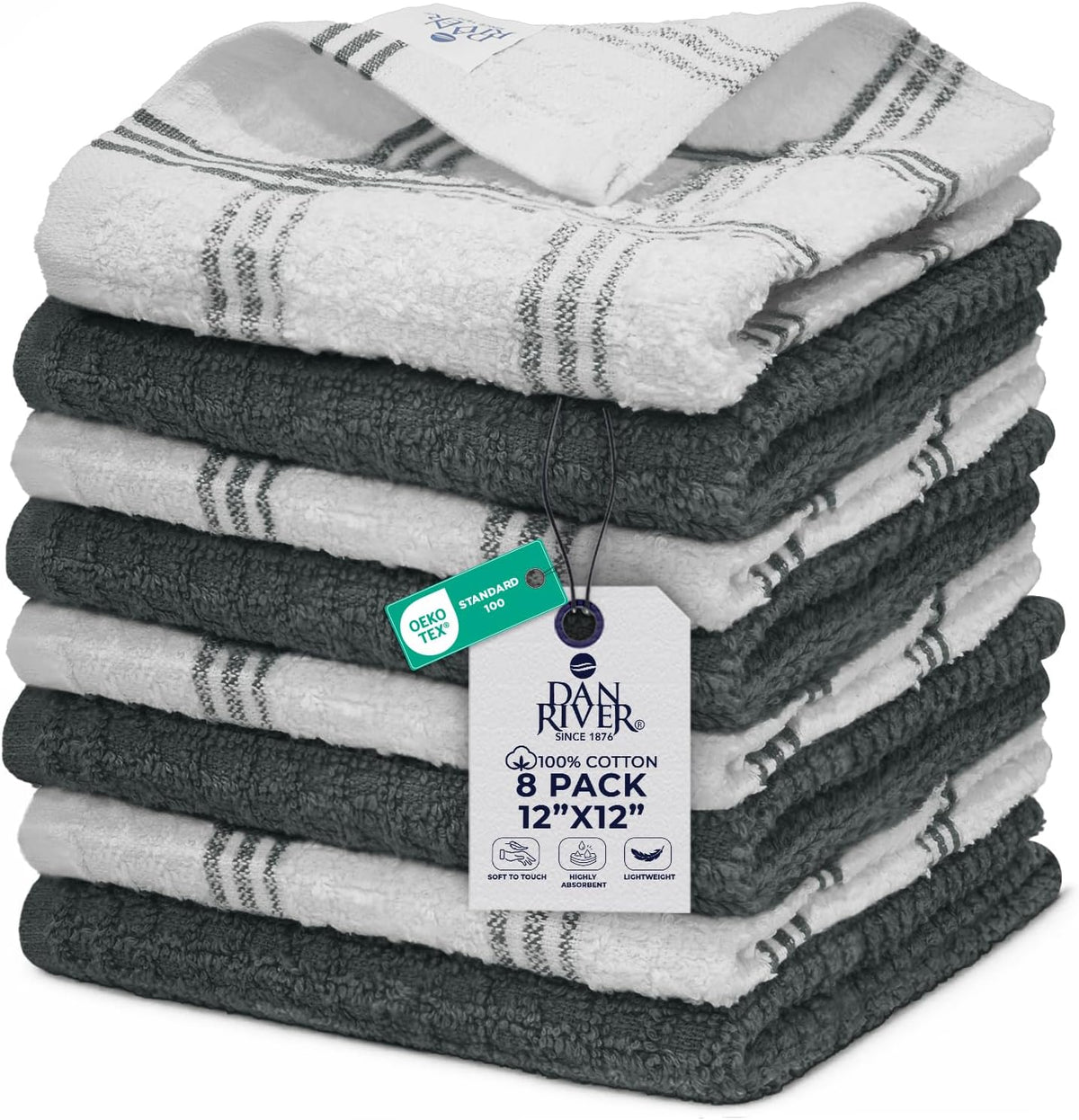 Premium Dish Cloth 100% Cotton 12X12 Inches |Pack of 8|- Grey