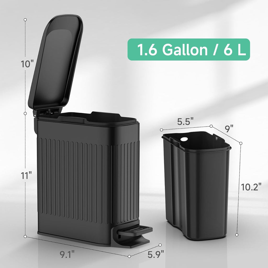Slim Bathroom Trash Can with Lid Soft Close, Step Pedal, 6 Liter / 1.6 Gallon Stainless Steel Trash Bin, Small Garbage Cans for Bedroom, Office, Kitchen (Black)